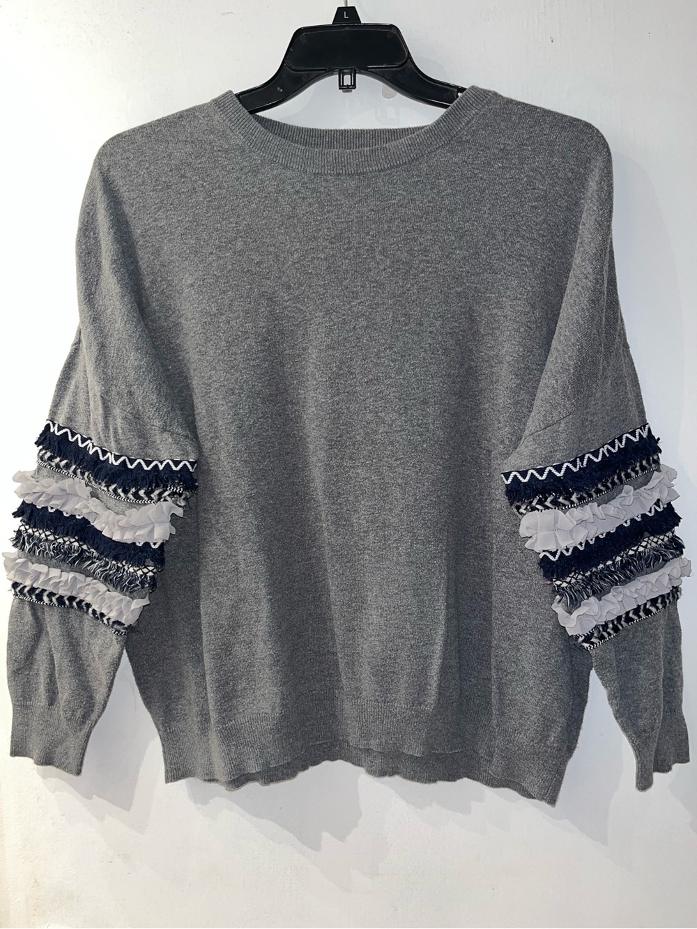 a.n.a Gray Sweater with Navy and Light Gray Ruffle Sleeves